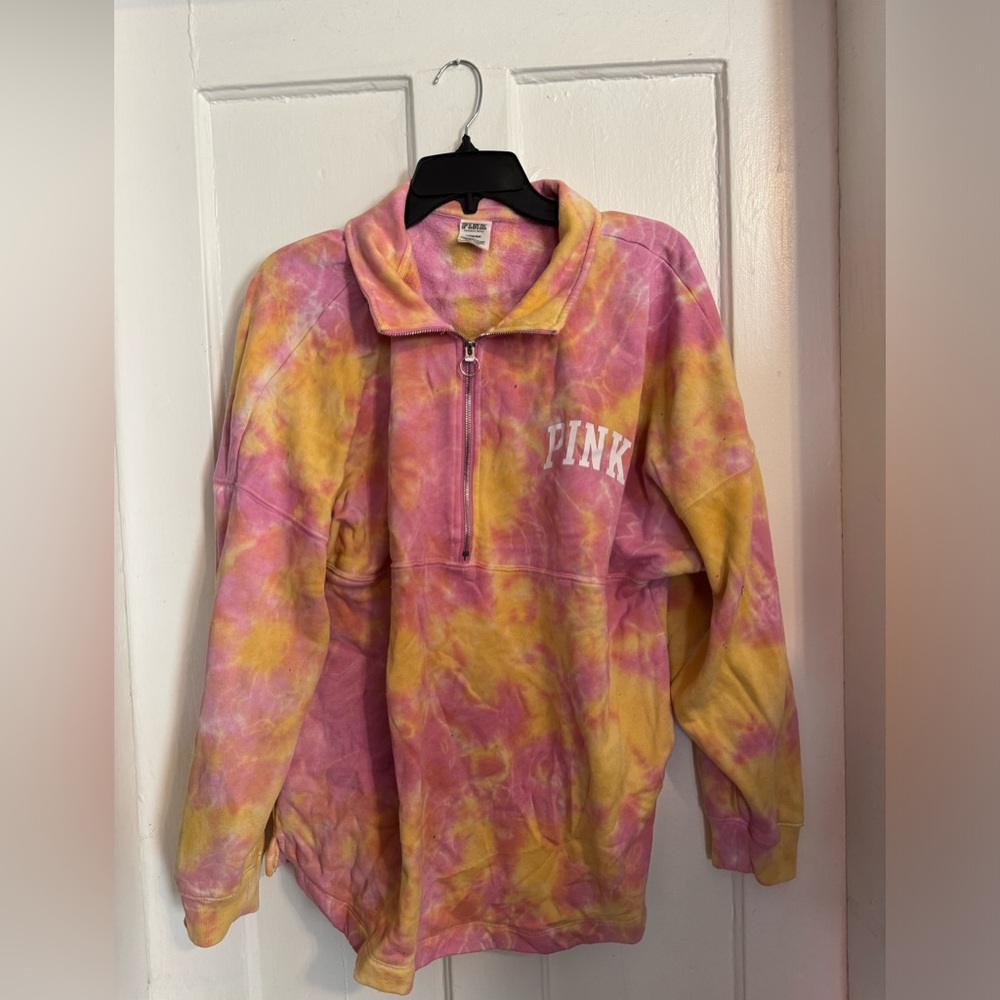 Victoria secret PINK yellow and pink tie dye quarter zip fleece